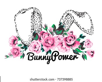 Bunny ears and floral princess crown vector illustration. Girl power feminism concept in cute baby style. Rose flower head wreath. Greeting card or woman t-shirt design isolated on white background