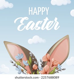 Bunny ears in flowers and willow branches with sky background with clouds with happy easter text. Vector illustration for the spring holiday. For banner, poster.