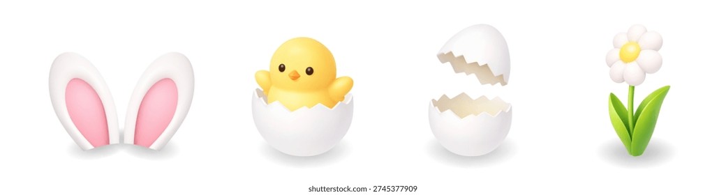 Bunny ears, hatching chick, cracked egg and daisy. Cute 3D Easter vector illustration set