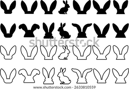Bunny ears icon flat line set Rabbit ears silhouette, Easter hare vector for apps or web. Cute headband for Easter, rabbit costume mask, festive decoration for head isolated on transparent background