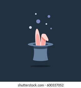 Bunny ears inside black top hat with sparkles, magic show, entertainment event, conjure performance concept, vector flat illustration