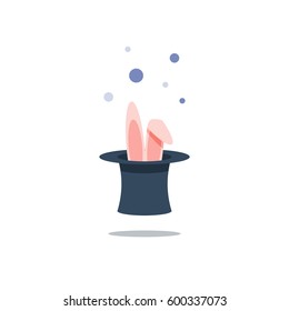 Bunny ears inside black top hat with sparkles, magic show, entertainment event, conjure performance concept, vector flat illustration