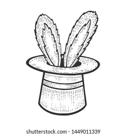 Bunny ears in magician hat sketch engraving vector illustration. Scratch board style imitation. Hand drawn image.