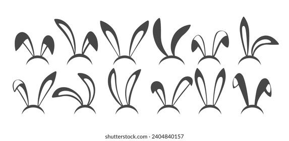 Symbol für die Sonnenohrmaske Kollektion von Konturen skizzierte Ohrsymbole von Schwarz-Weiß-Kaninchen, Osterdekor einzeln auf Vektorgrafiken