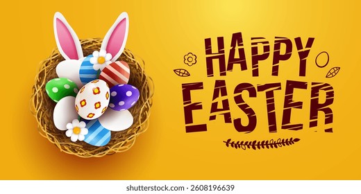 Bunny ears peek out of basket with Easter eggs. Happy Easter. Vector illustration