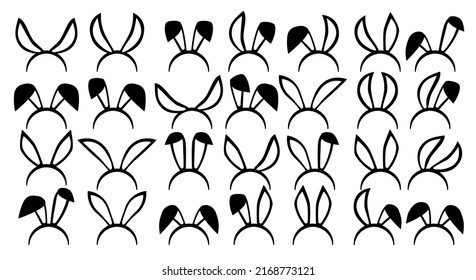Bunny Ears photo booth collection. Easter animal ears mask. Rabbit ear spring hat set isolated on white background. Vector illustration.