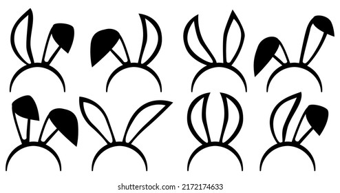 Bunny Ears photo booth collection. Easter animal ears mask. Rabbit ear spring hat set isolated on white background. Vector illustration.