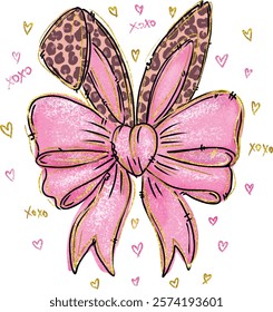 Bunny Ears with pink bow and leopard pattern cute coquette preppy girly doodle art style hand-drawn vector