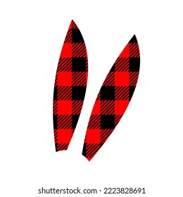 Bunny ears silhouette with red and black Christmas buffalo pattern. Cute rabbit ears with gingham checkered print for New year celebration isolated on white background. Vector flat illustration