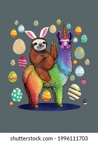 Bunny Ears Sloth Riding Llama Unicorn Eggs Hunt Easter Day design vector illustration for use in design and print poster canvas