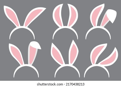 Bunny Ears stickers collection. Easter animal ears mask. Rabbit ear costume headband set isolated on transparent background. Vector illustration.