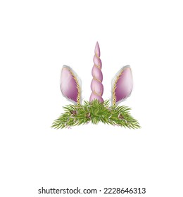Bunny ears and unicorn horn. Christmas rabbit, Christmas tree branches, cones, serpentine. Isolate on a white background. Vector illustration.