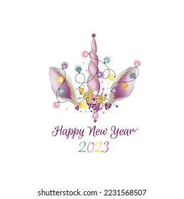 
Bunny ears unicorn horn lettering happy new year. isolate on white background. Vector illustration.