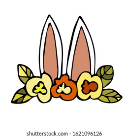Bunny ears and a wreath on the head, vector templates for children's holiday. Idea for greeting cards, logos, invitations, birthday decoration. Vector illustration in flat design.
