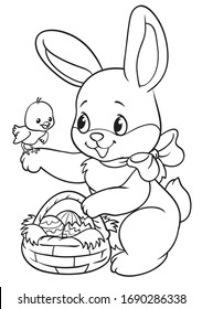 Bunny with an Easter basket. Happy Easter. Vector illustration. Cartoon Vector Illustration. Isolated on white background.