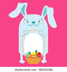Bunny with Easter baskets with eggs. Blue Bunny on Pink background