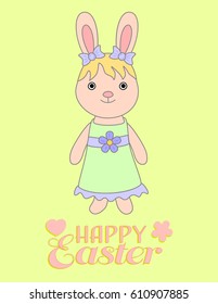 Bunny Easter card, bunny girl vector illustration with words Happy Easter, cute blondie bunny cartoon vector