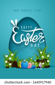 Bunny Easter card with paper cut egg shape frame with Easter egg , Grass, Flowers