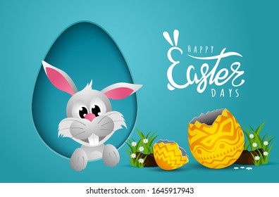 Bunny Easter card with paper cut egg shape frame with Easter egg , Grass, Flowers