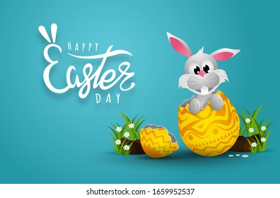 Bunny Easter card with paper cut egg shape frame with Easter egg , Grass, Flowers