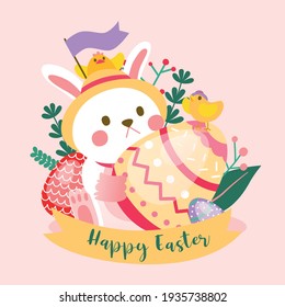 Bunny Easter and Chicks With Giant Easter Eggs in Easter Day, Vector, Illustration