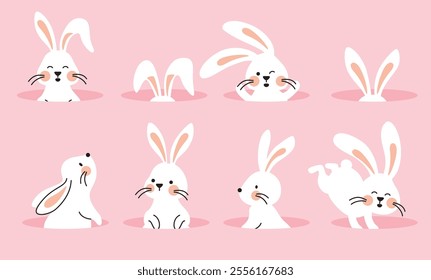 Bunny easter clipart drawing set. Easter rabbit cartoon character collection in waving, hopping and hiding pose inside the hole for egg hunt celebration design. Vector illustration cute rabbit graphic