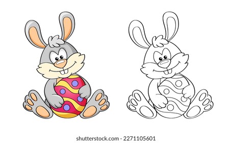 Bunny with Easter egg. Black and white vector illustration for coloring book with example in color