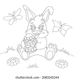 Bunny con página de colorear huevos de Pascua. Conejo de Pascua. Niños coloreando la ilustración vectorial de página.