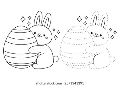 Bunny easter egg coloring pages for kids. Trace and color rabbit. Coloring page activity for easter worksheet. Rabbit easter clipart vector. Kindergarten and preschool worksheets printable for kids. 