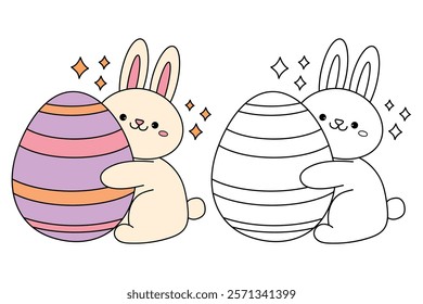 Bunny easter egg coloring pages for kids. Trace and color rabbit. Coloring page activity for easter worksheet. Rabbit easter clipart vector. Kindergarten and preschool worksheets printable for kids. 