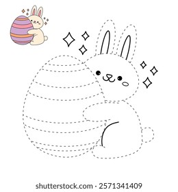 Bunny easter egg coloring pages for kids. Trace and color rabbit. Coloring page activity for easter worksheet. Rabbit easter clipart vector. Kindergarten and preschool worksheets printable for kids. 