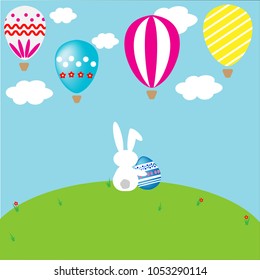 Bunny and easter egg with colourful balloons flying on blue sky, Vector illutration.