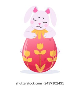 Bunny with Easter egg. Cute rabbit hugging painted chicken egg, Easter hare with chocolate egg flat vector illustration. Holiday easter bunny on white