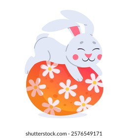 Bunny with Easter egg. Cute rabbit hugging painted Easter egg flat vector illustration. Cartoon spring holiday easter bunny