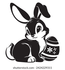 Bunny with an Easter egg and hearts, vector drawing, black silhouette on a transparent background, print for stencil