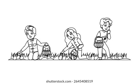 bunny easter egg hunt vector. chocolate spring, tradition celebration, outdoors children bunny easter egg hunt character. people black line pencil drawing illustration