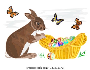 Bunny with Easter eggs in a basket and and butterflies vector illustration