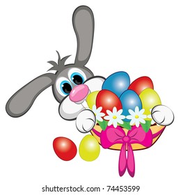 Bunny With Easter Eggs And Basket. Illustration on white