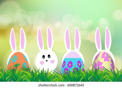 Bunny and Easter eggs hiding on grass with green bokeh background.Template for Easter season greeting card, banner and poster in vector illustration to celebrate the festival.