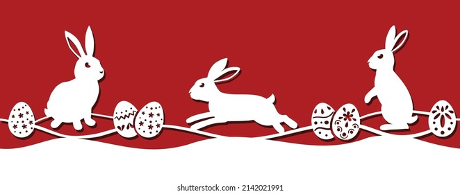 Hase- und Ostereier auf der Wiese. Weißer nahtloser Rand für Schnittkarten. Vektorgrafik