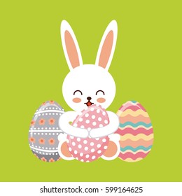 bunny with easter eggs over green background. colorful design. vector illustration