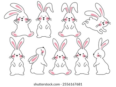 Bunny easter outline clipart set. Rabbit line drawing clip art flat collection in sitting, hopping and standing pose cute animal graphic elements. Vector illustration easter bunny doodle. 
