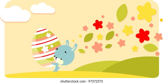 Bunny with easter painted egg in cartoon style