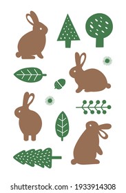 Bunny, Easter, rabbit, plants, tree, spring, acorn, animal, flat design. Vector elements set for print, postcards, invitations, website, and others. Green and brown colors.