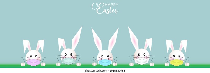 Bunny Easter set, white rabbit Wear a protective colorful face mask against covid-19. Coronavirus alert for Happy Easter card, banner, invitation, poster, stay home. Vector isolated on blue background