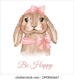 Bunny Easter watercolor Be Happy greeting card