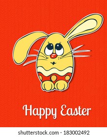 Bunny egg card. Yellow Easter egg with painted eyes and bunny ears on red background.