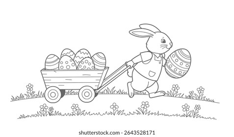 Bunny with Egg Wagon Line Art Character Pulling Cart Filled with Decorated Holiday Eggs Outline Sketch