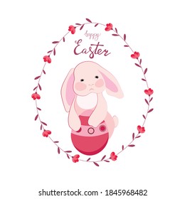 Bunny with an egg in a wreath of flowers. template for postcard, banner, invitation. Vector illustration.