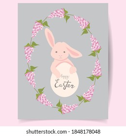 
Bunny with an egg in a wreath of flowers. template for postcard, banner, invitation. Vector illustration.

